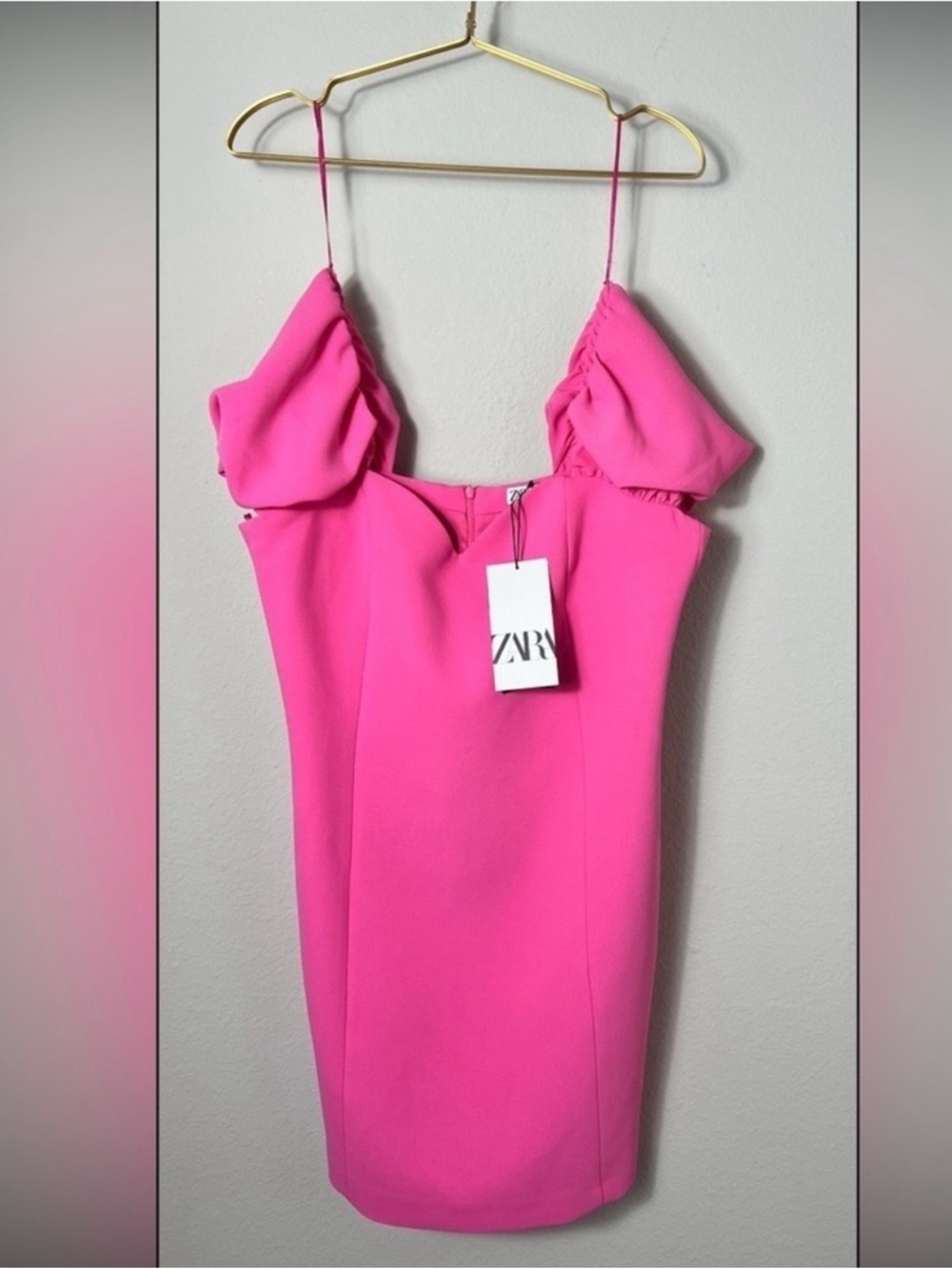 Zara Hot Pink Puff Sleeve Mini Dress Sweetheart Neckline Barbiecore Size L NWT - Picture 10 of 16